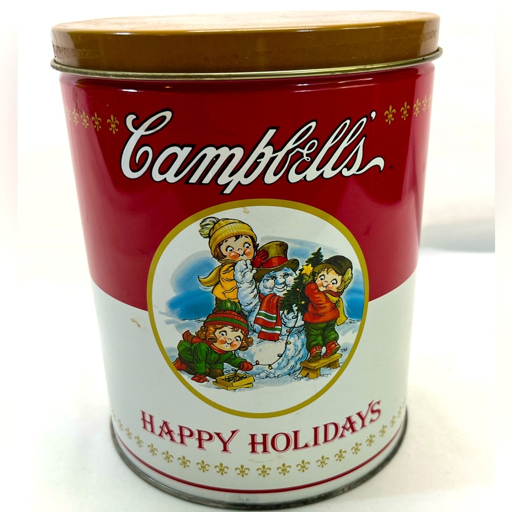 VTG CAMPBELL’S HAPPY HOLIDAYS 1993‎ EMPTY POPCORN TIN RED & WHITE MM MM GOOD